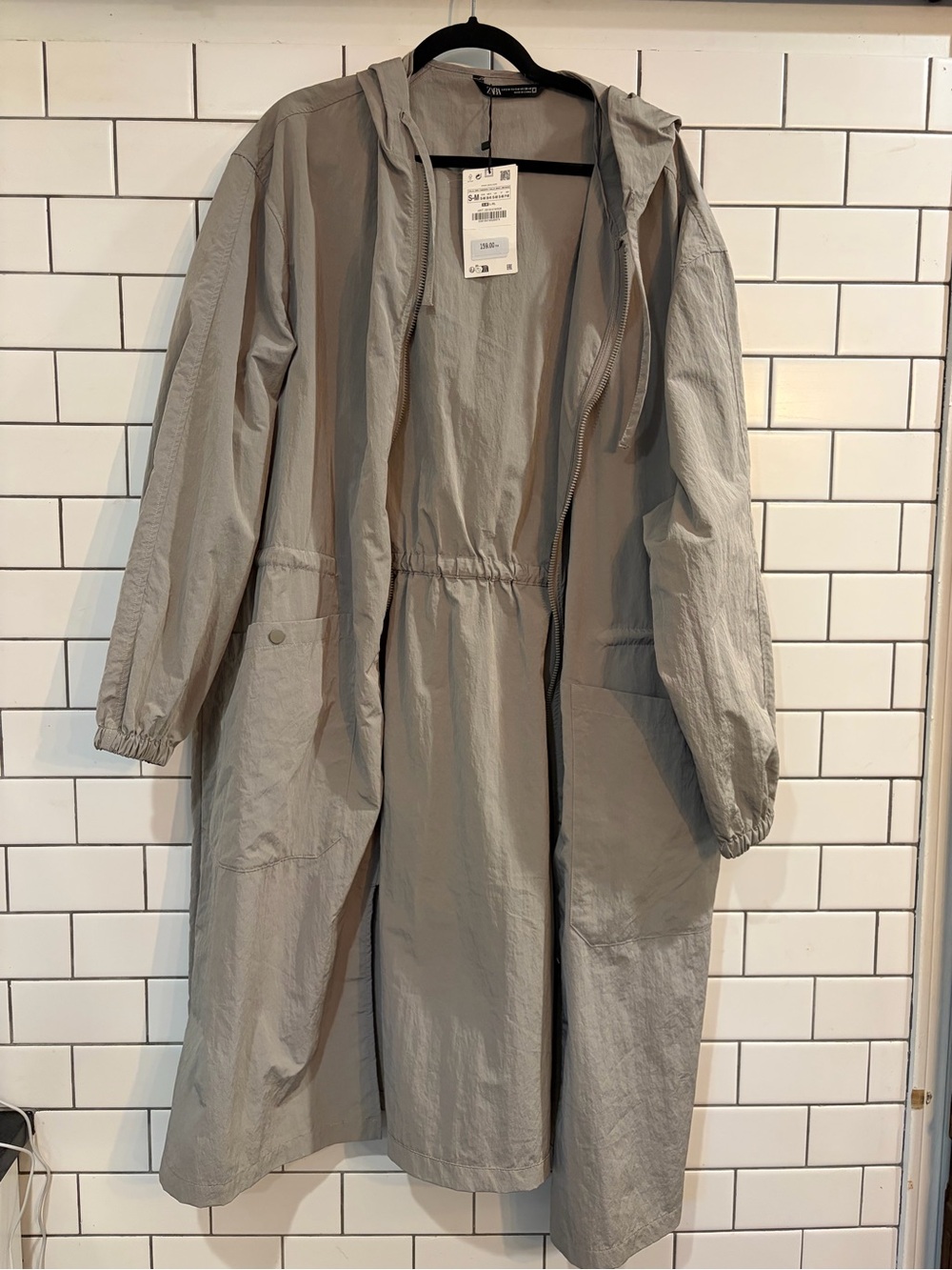 Zara Light Gray/Green Hooded Long Trench Coat NWT size S/M